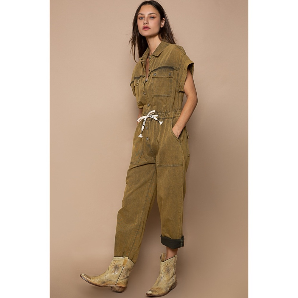 POL Olive Mineral Washed Button Front Adjustable Waist Denim Jumpsuit - Picture 5 of 8